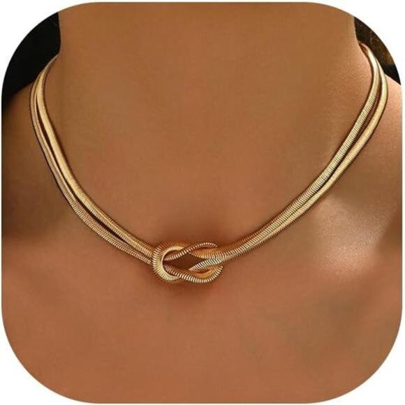 Gold Herringbone Necklaces for Women, 14K Gold Plated Simple Choker - Picture 6 of 6